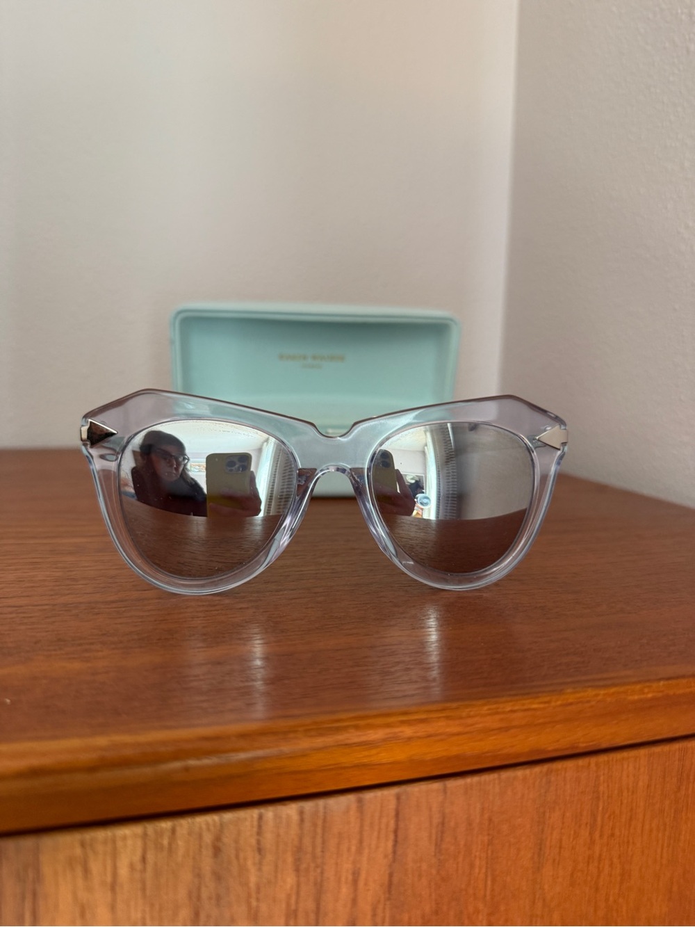 Karen Walker One Star Clear Frame Cat Eye Sunglasses with Mirrored Lenses